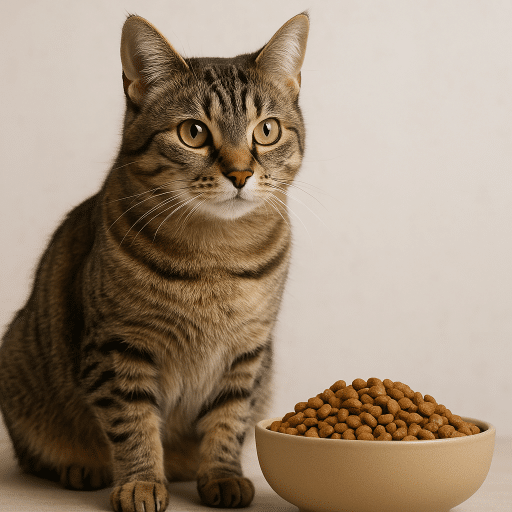 Katt med skål av kattmat.