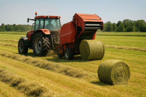 Traktor som pressar höbalar på fältet.