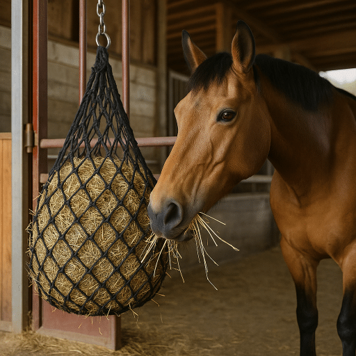 Häst äter hö från nät