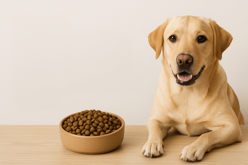 Hund med matskål på bordet.