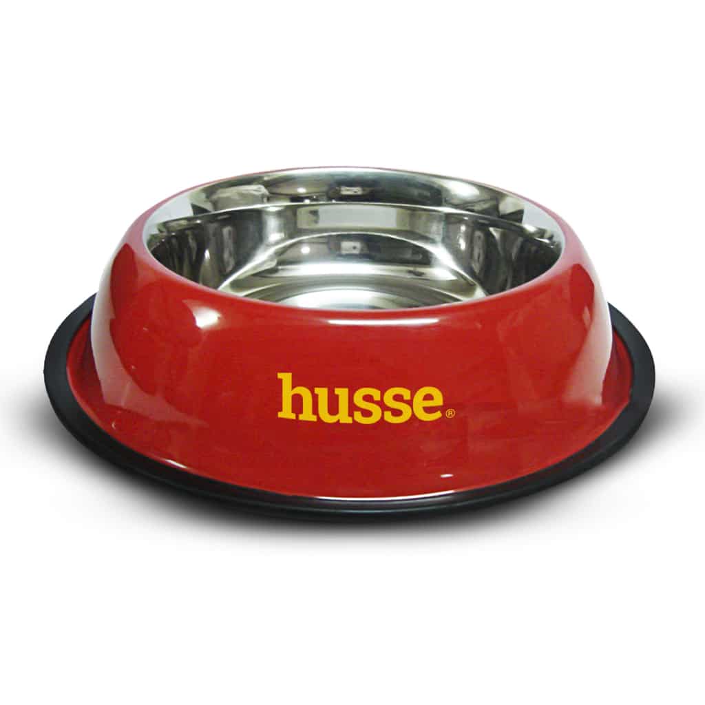 Röd hundskål med metallinsats